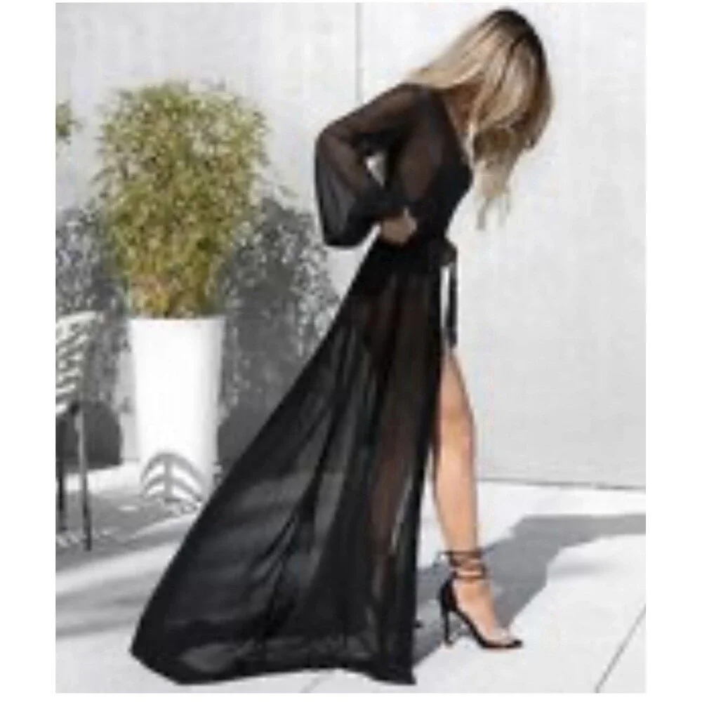 LEG AVENUE Black Sheer Duster Robe Faux Fur Border Sleeves And Hem Size S/M